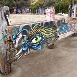 Psychedelic graffiti on the beach in Bolinas.