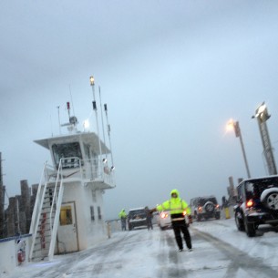 shelter island ferry in the snow