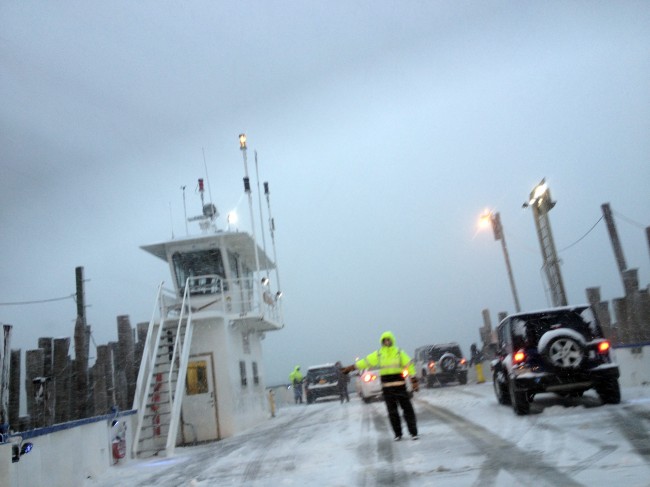 shelter island ferry in the snow