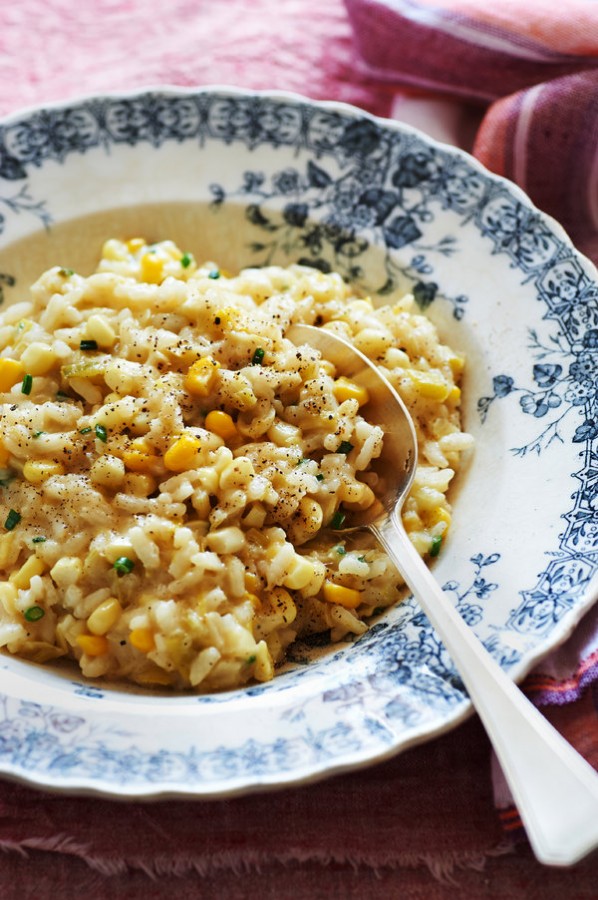 A lovely photograph of Emily Weinstein's corn risotto by Melina Hammer