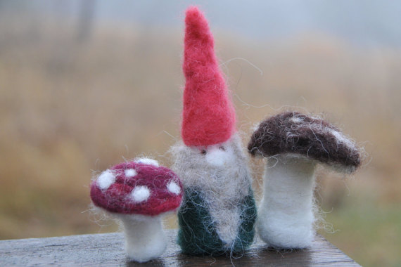 Felt gnome and mushrooms set by BlueRooster Arts on Etsy